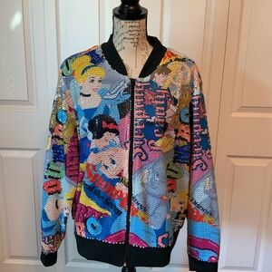 Blue and Pink Bomber Jacket with Cartoon Pattern
